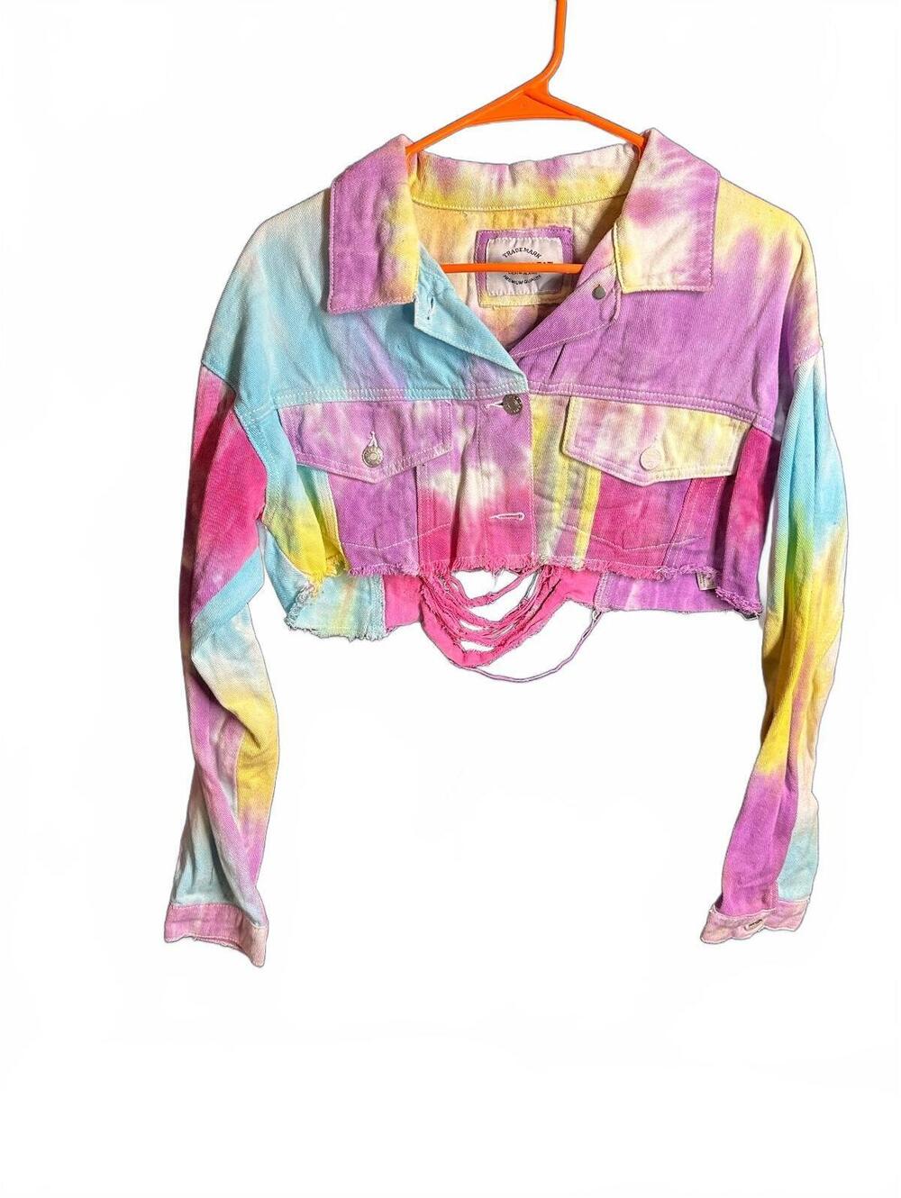 American Bazi Cropped Denim Jacket with Distressed Back Detail, Size Small